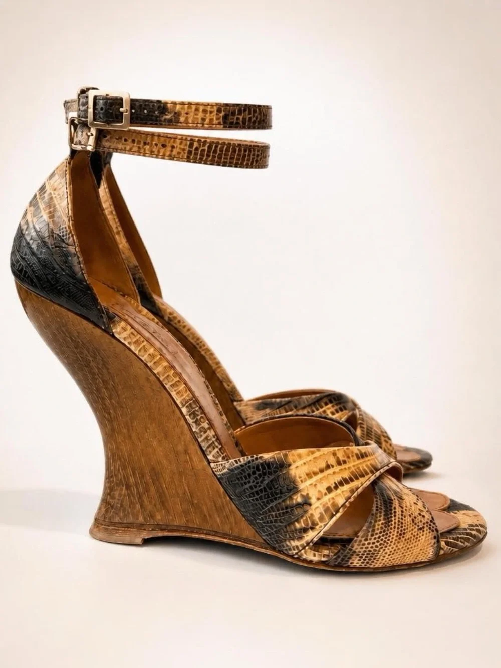 Alaïa Brown Snakeskin Heels, Wood Sculptural Wedge, ankle strap, brw/tan,38,EUC